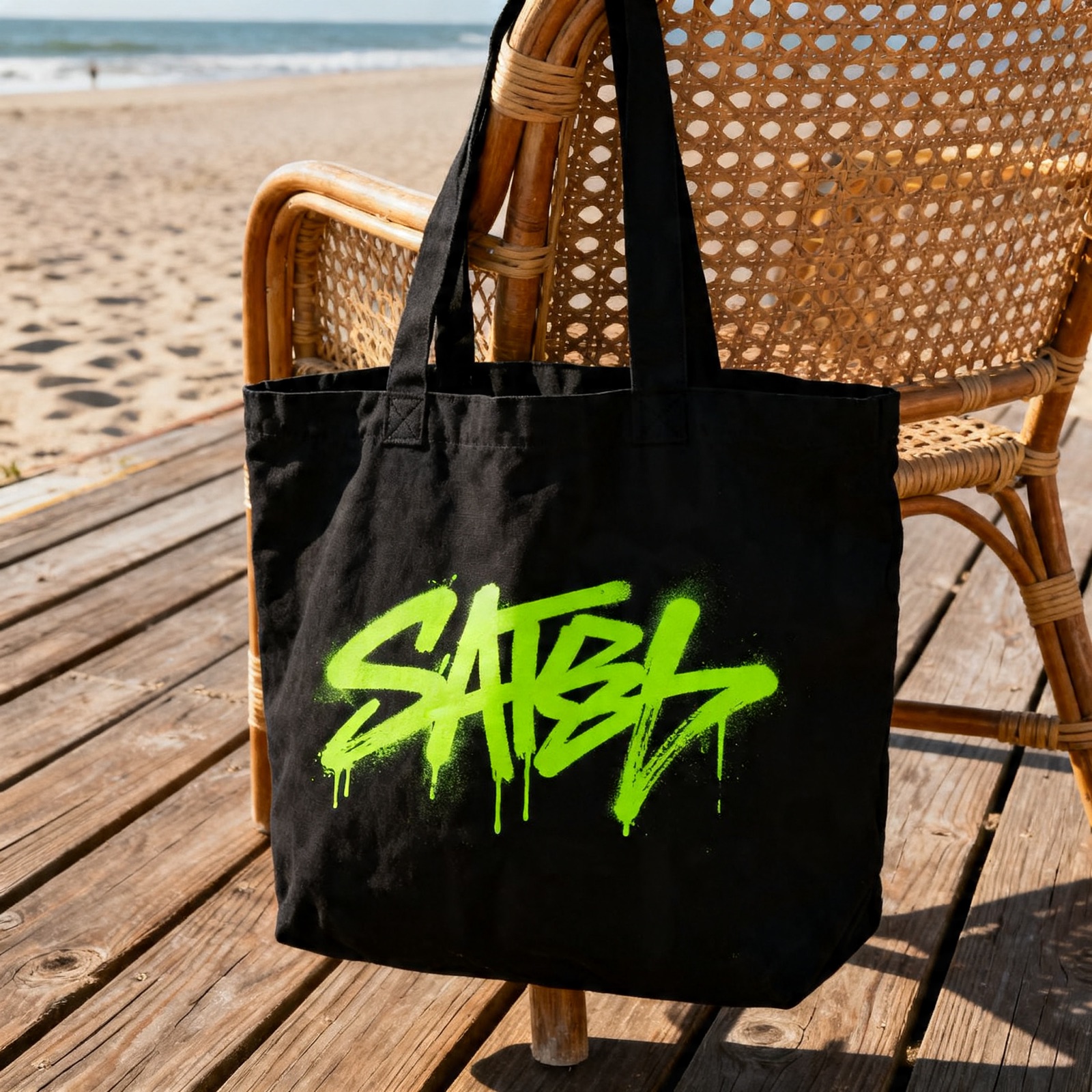 Black canvas tote with neon-green Bali Invaders graffiti tag
