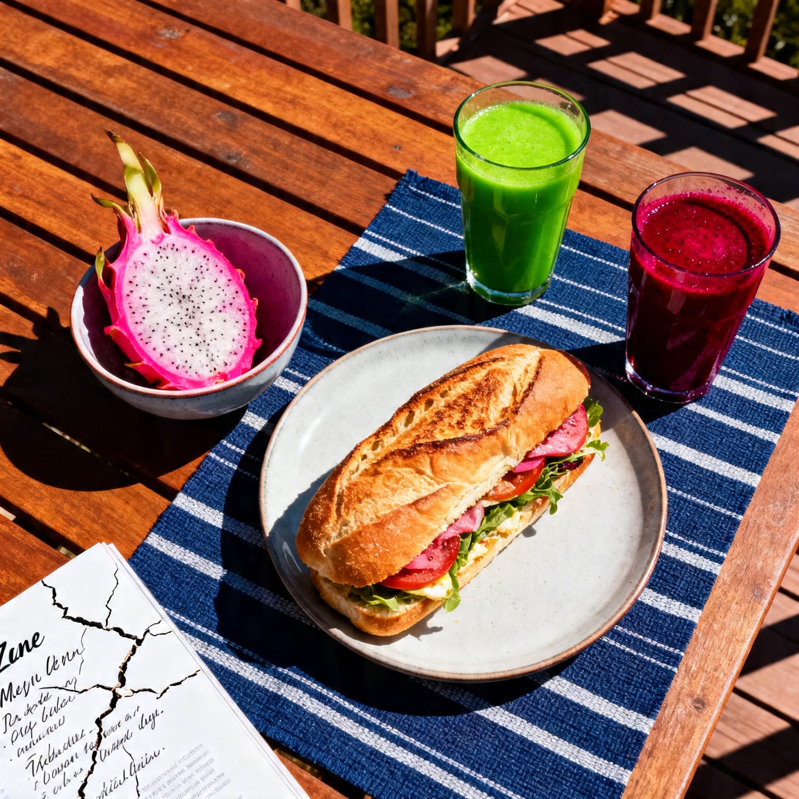 Breakfast spread on wooden deck table at Breakfast Club Seminyak